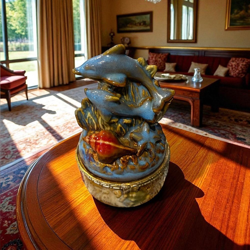 Dolphin and Shell Vintage Ceramic Figure Trinket Box with Gold Accent Bow Clasp